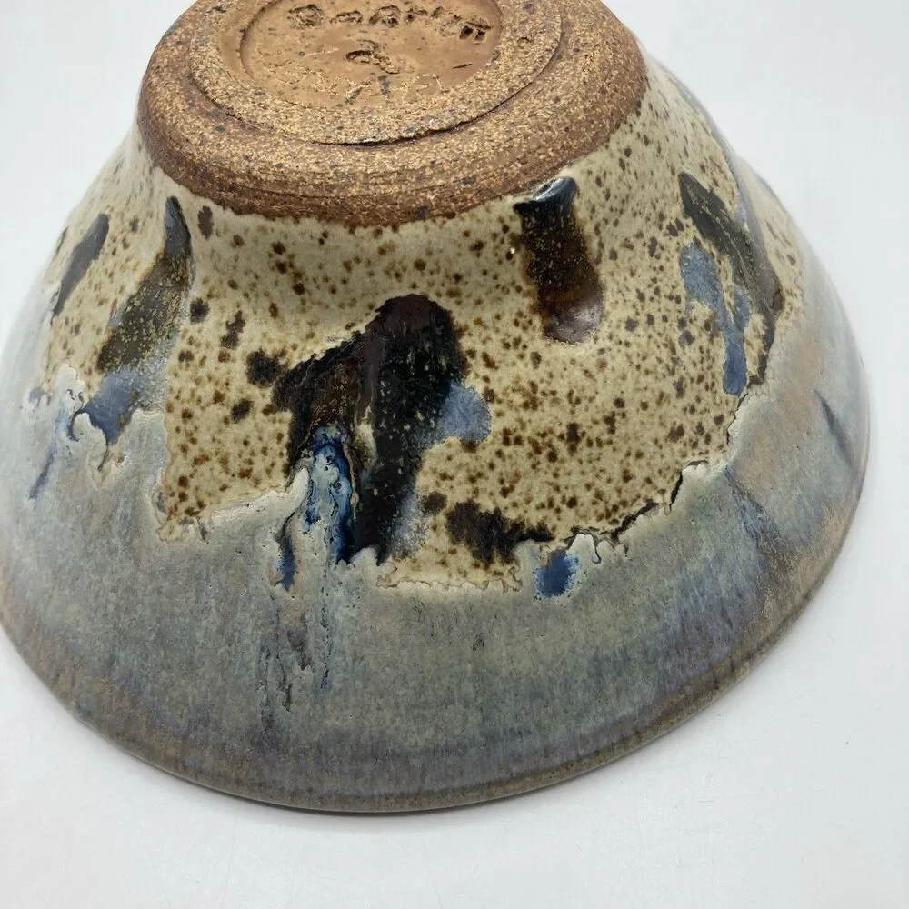 Art Pottery Handthrown Drip Glaze Bowl Blue Earth Tones 7 3/4